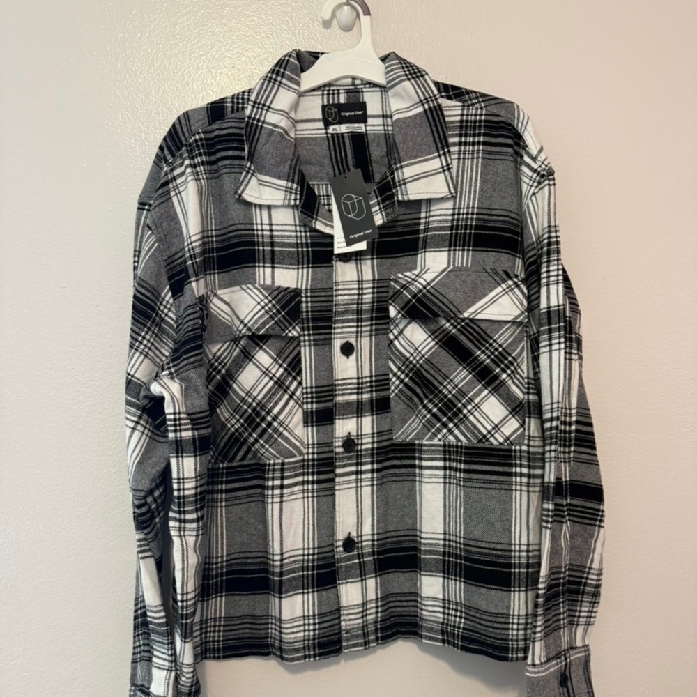 Original Use Mens Boxy Flannel Shirt Black White Plaid Drop Shoulder XL